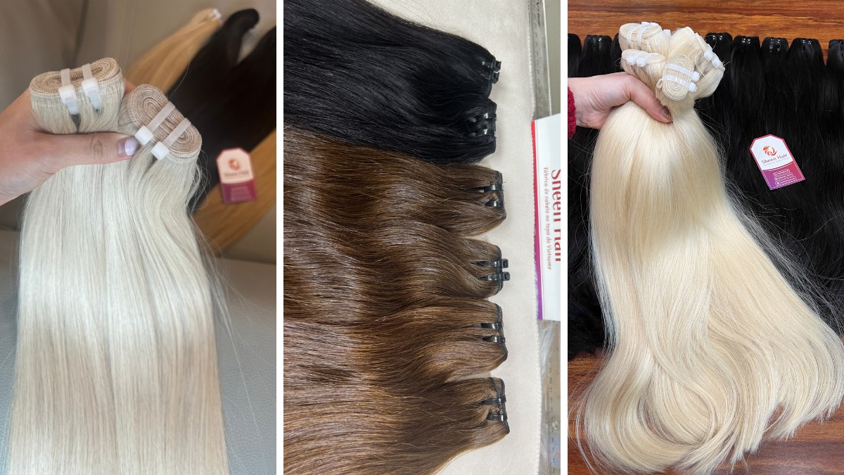 Double wefted machine weft hair bundles with thick ends and high density.