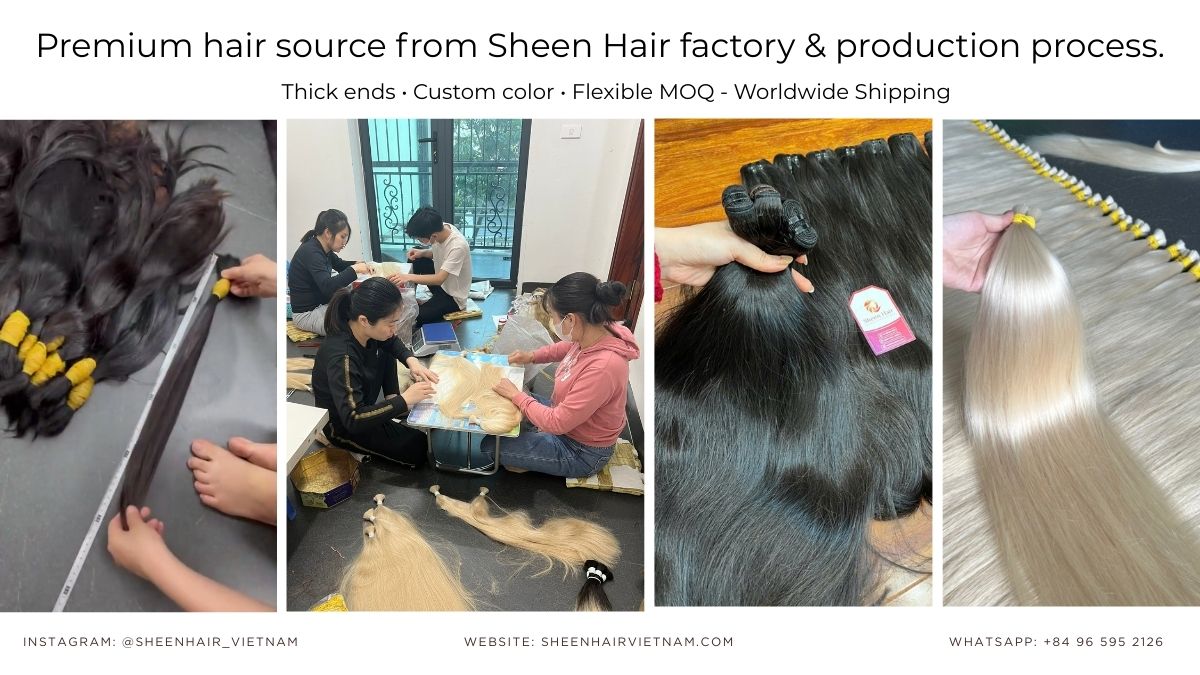 Close-up of aligned cuticles in raw Vietnamese hair bundles